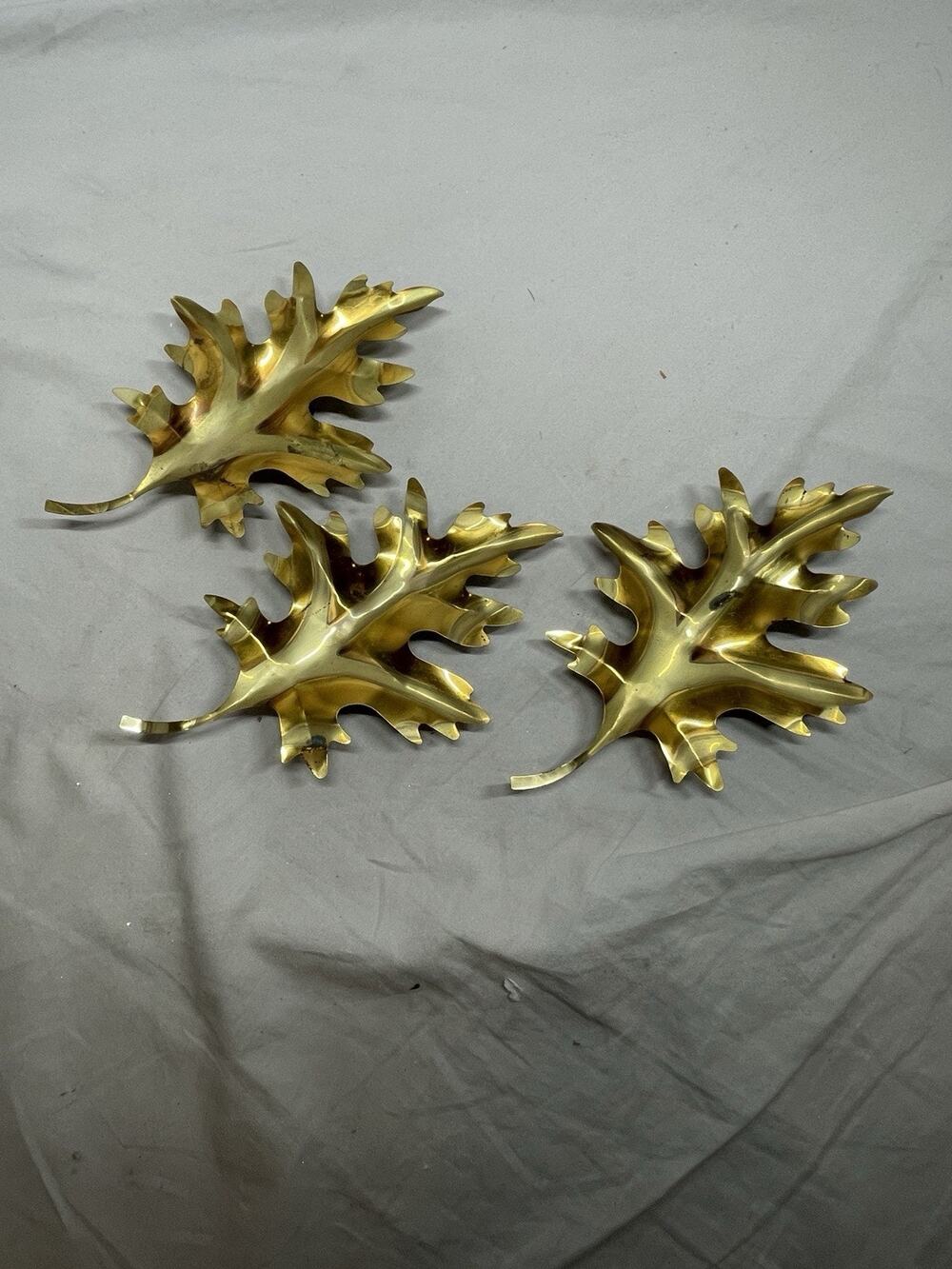 Vtg Home Interiors Brass Tone Oak Leaves Wall Art Hanging Decor 3 Pc Set MCM 7in